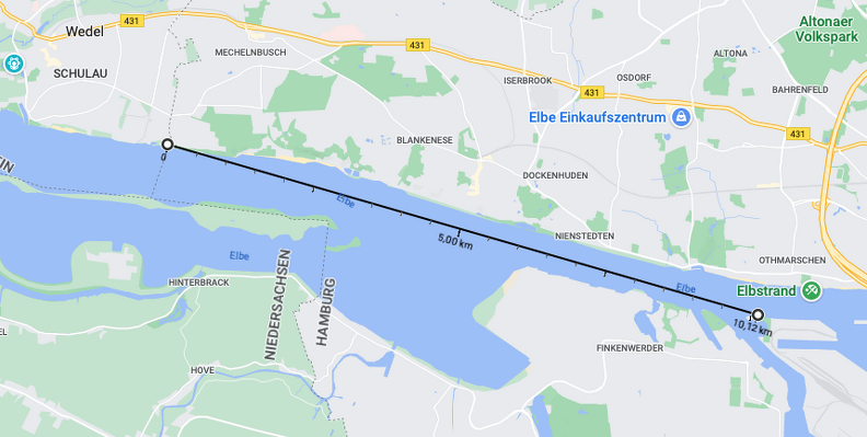 Zu Beginn eine kleine Übersicht: Links der Entfernungslinie das Kraftwerk Wedel, rechts mein Fotostandpunkt. G._Karte.png